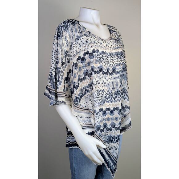 One World Top Blouse XL Gray Mixed Print Sheer Layered Scarf Flutter Sleeve - Picture 3 of 12